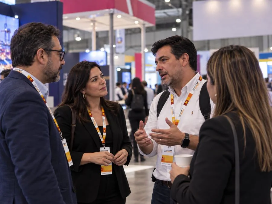 Grupo de asistentes conversando en el piso de expo
